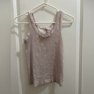 Brandy Melville lace-trimmed Tan  ribbed tank 100% Cotton Cropped One Size